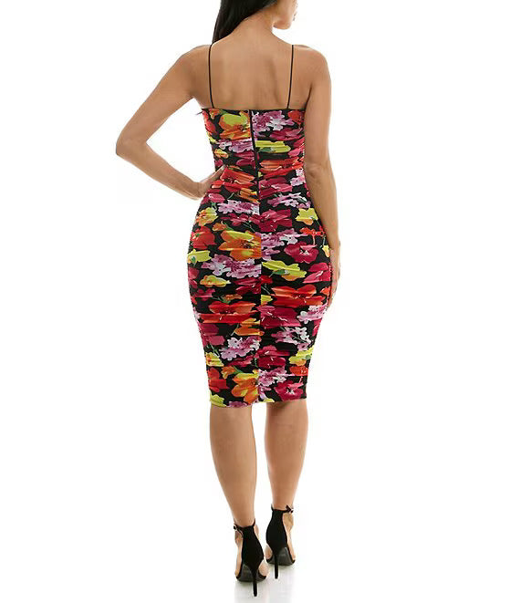 B Darlin Juniors Bungee-Strap Ruched Mesh Bodycon Dress Color Black/Red/Yellow Size M