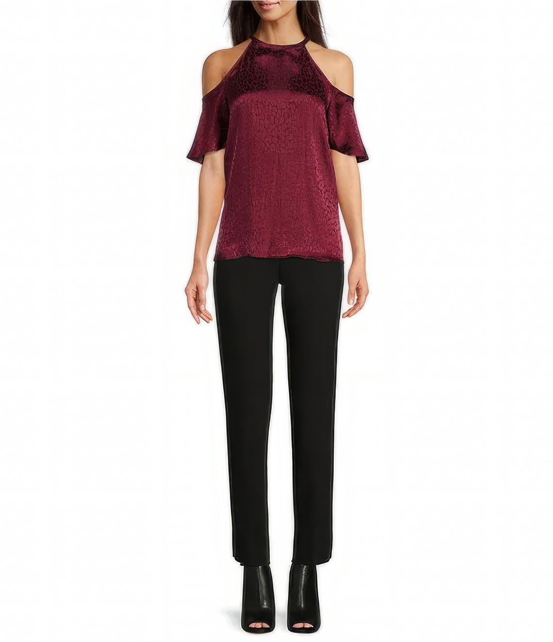 Michael Kors Cheetah Plisse Jacquard Chain Halter Neck Top Color Dark Ruby Size M