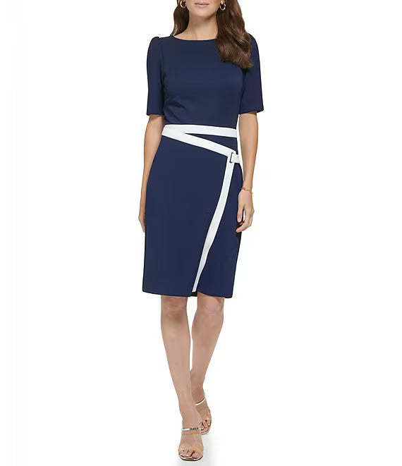 DKNY Petite Puff-Sleeve Tipped Sheath Dress Navy/Ivory Size 10P