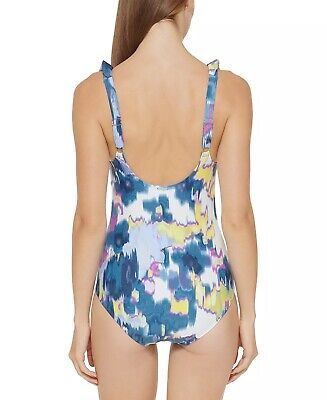 DKNY Ruffle Plunge Tummy-Control One-Piece Swimsuit Color Floral Blue Multi Size 6