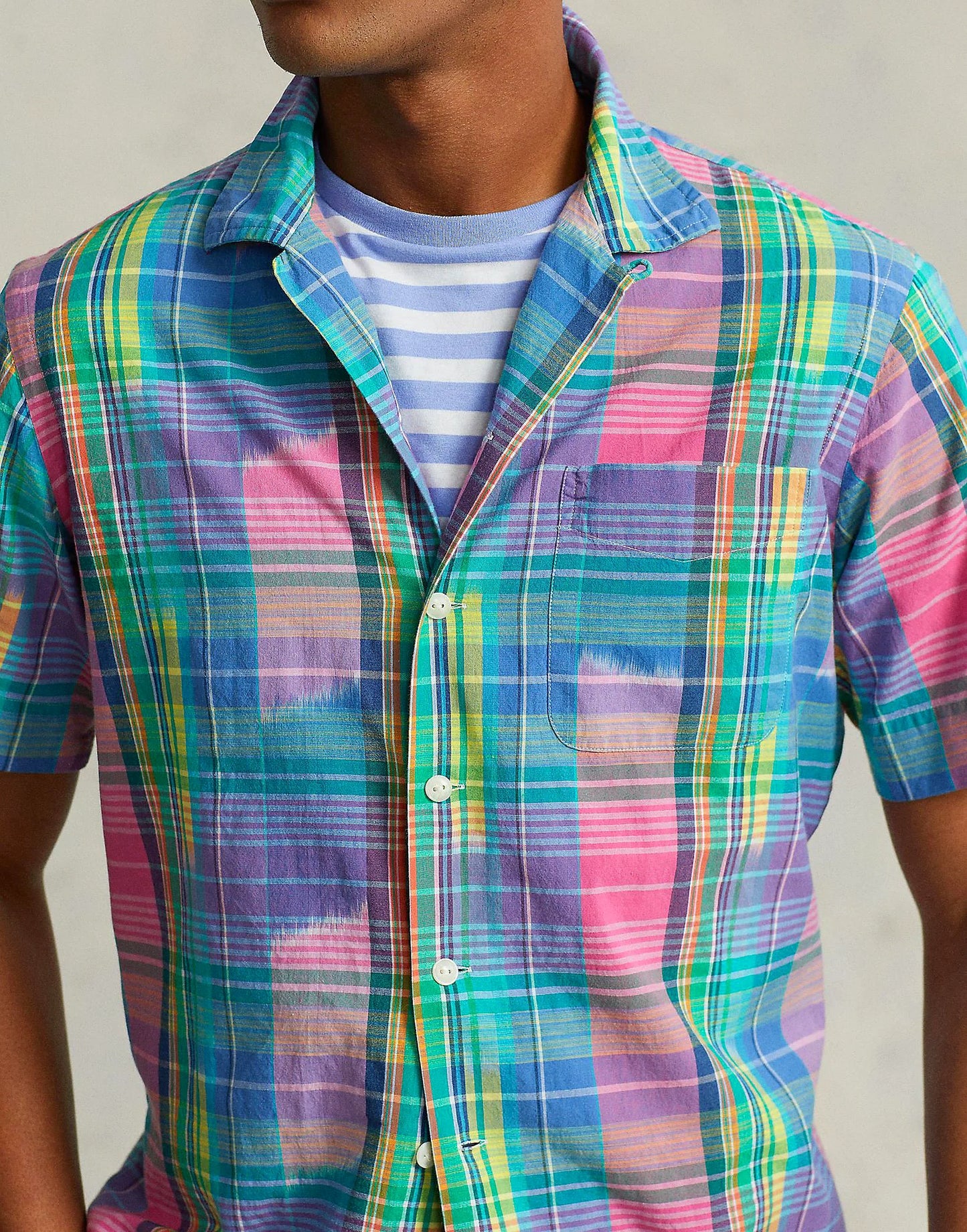 Polo Ralph Lauren Men's Classic-Fit Cotton Madras Camp Shirt Color Pink/Royal Multi Size L