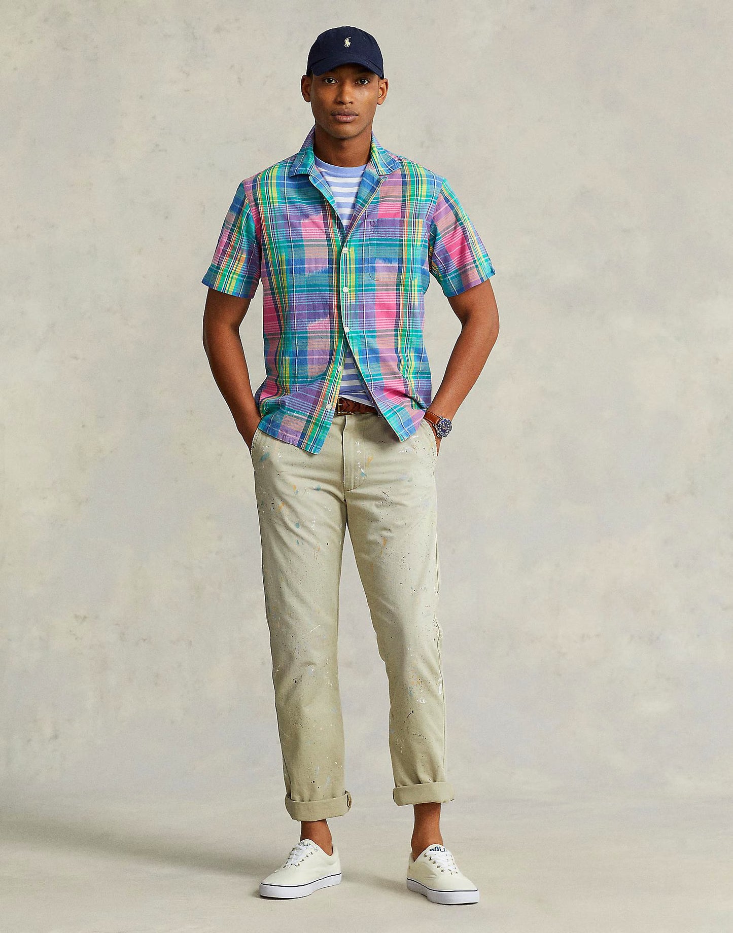 Polo Ralph Lauren Men's Classic-Fit Cotton Madras Camp Shirt Color Pink/Royal Multi Size L