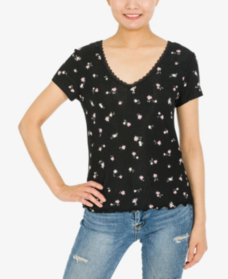 Hippie Rose Juniors' Printed Lace-Trim Ribbed T-Shirt Color Black Floral Size S