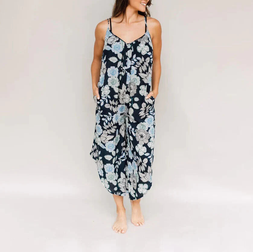 J Valdi Printed Flowy Cropped Jumpsuit Cover-Up Color Navy Blue Floral Size XS