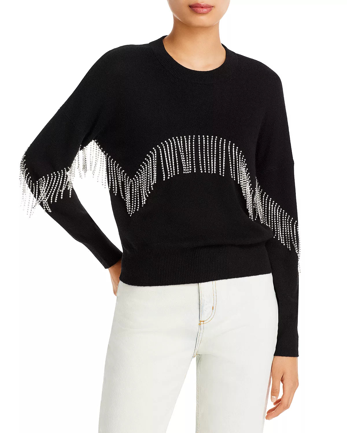 Aqua Women's Rhinestone Cashmere Fringe Sweater Color Gray Size S