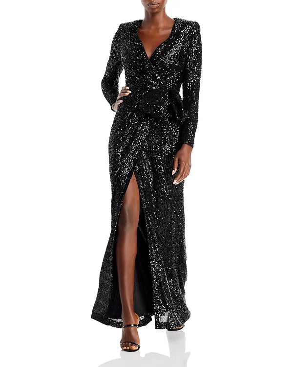 Eliza J Sequin Long Sleeve Wrap Gown Color Black Size 4