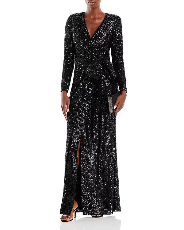 Eliza J Sequin Long Sleeve Wrap Gown Color Black Size 4