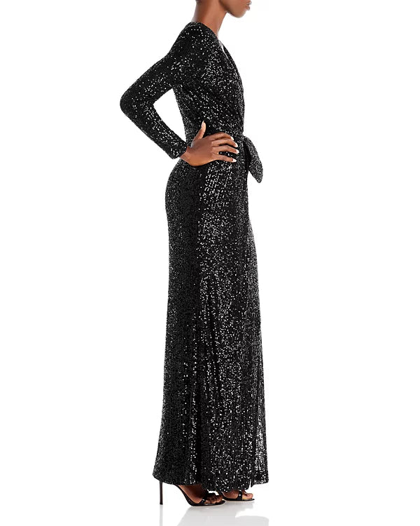 Eliza J Sequin Long Sleeve Wrap Gown Color Black Size 4