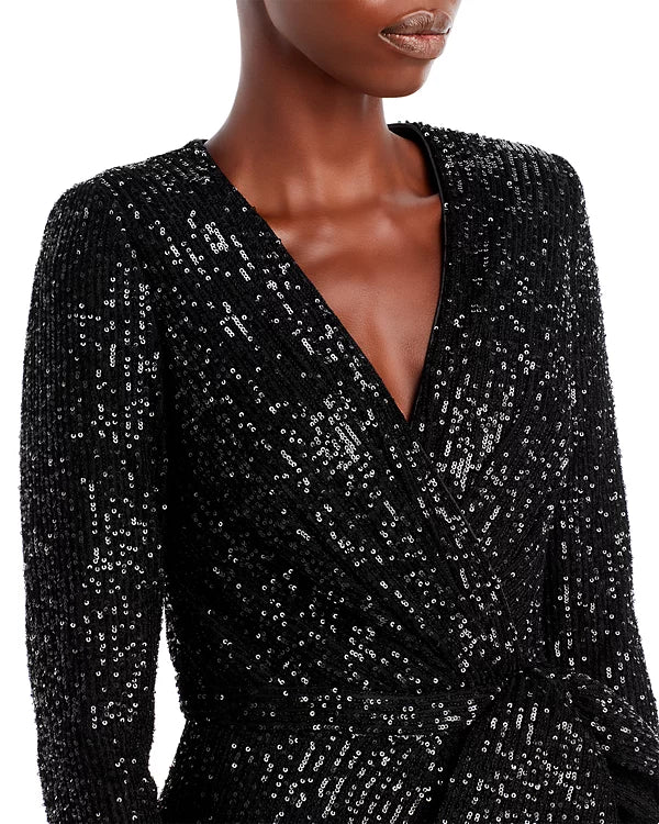 Eliza J Sequin Long Sleeve Wrap Gown Color Black Size 4