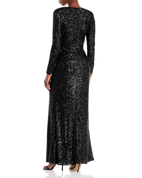 Eliza J Sequin Long Sleeve Wrap Gown Color Black Size 4