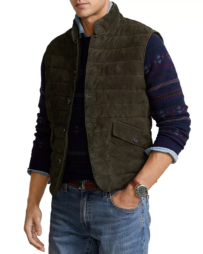 POLO RALPH LAUREN Men's Quilted Suede Gilet Vest Color Dark Loden Size L