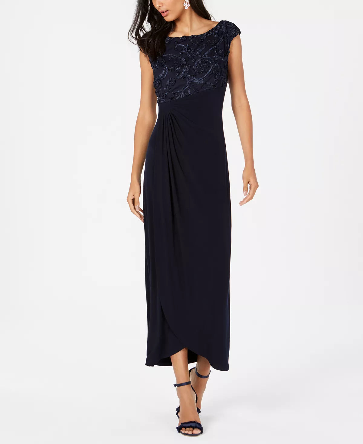 Connected Soutache Faux-Wrap Gown Color Navy Size 16