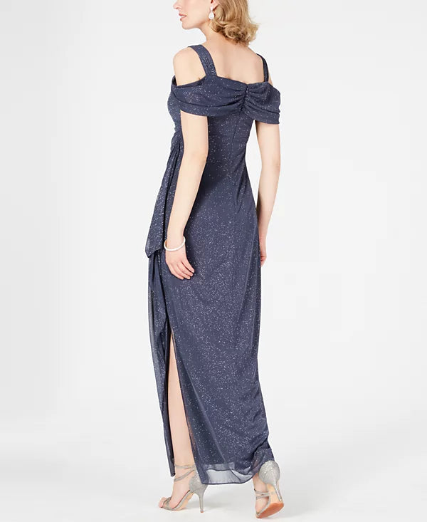 Alex Evenings Petite Cold-Shoulder Draped Metallic Gown Color Smoke Size 16P