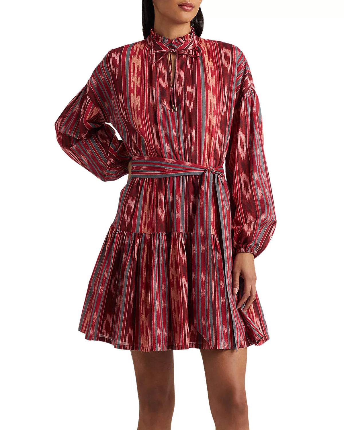 Lauren Ralph Lauren Women's Geo-Stripe Belted Cotton Voile Dress Color Fuchsia Multi Size 10