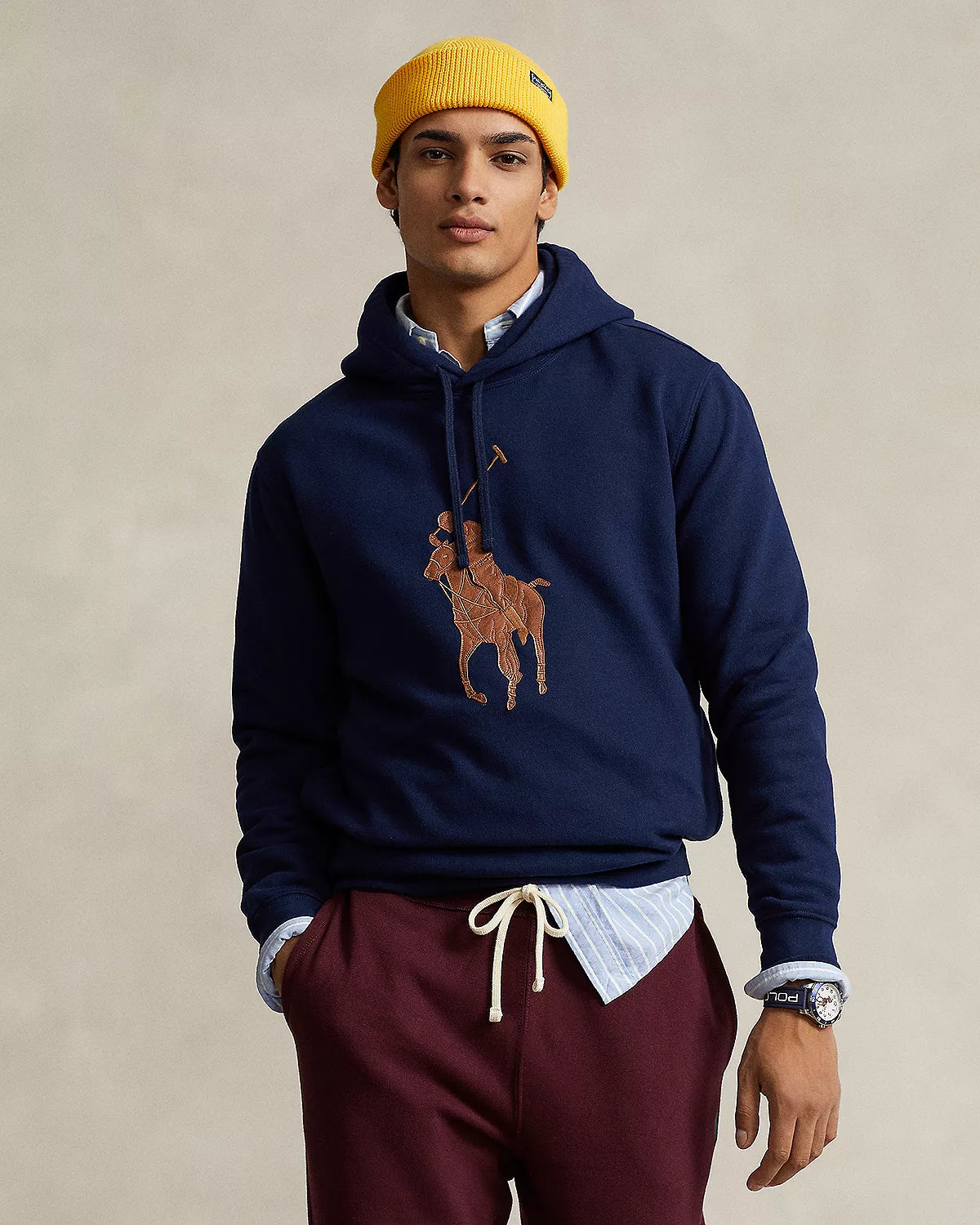 Polo Ralph Lauren Men's RL Fleece Leather Big Pony Hooded Sweatshirt Color Cruise Navy Size S