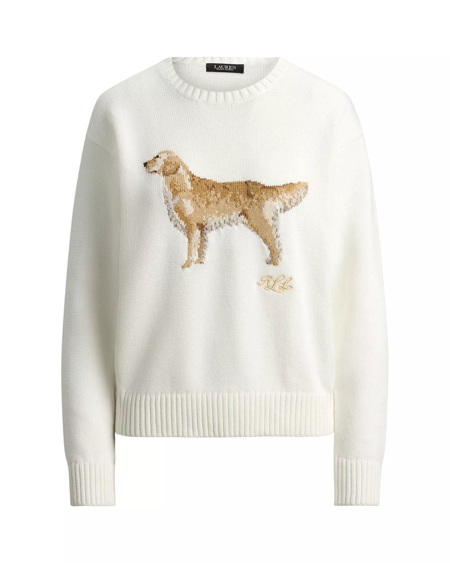 LAUREN RALPH LAUREN Women's Intarsia Knit Golden Retriever Sweater White Size M