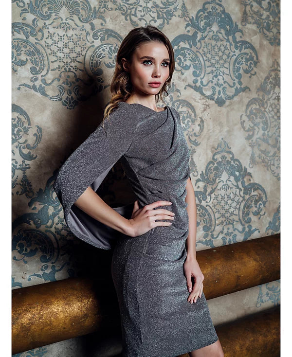 Betsy & Adam Metallic-Knit Draped Sheath Dress Color Taupe/Silver Size 8