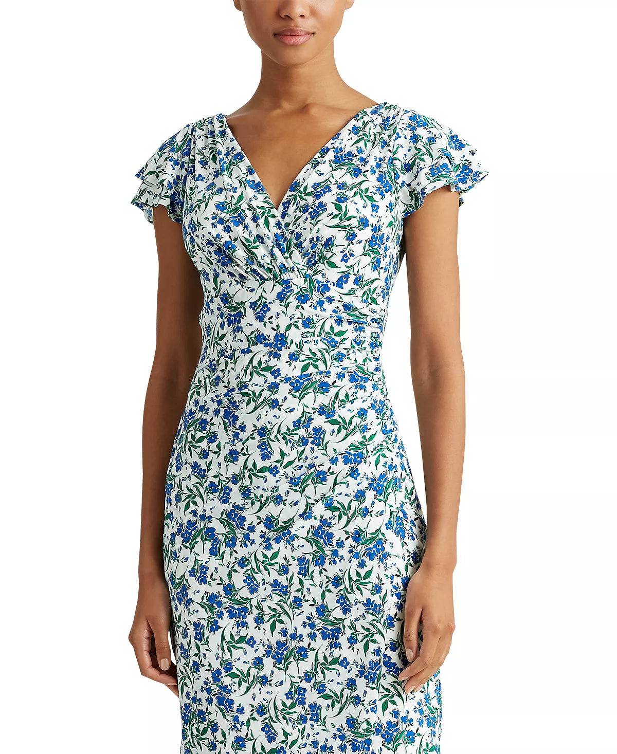 Lauren Ralph Lauren Women's Jersey Flutter-Sleeve Dress Color Colonial Cream/Sapphire Size 12