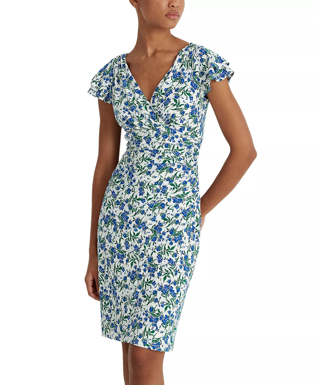 Lauren Ralph Lauren Women's Jersey Flutter-Sleeve Dress Color Colonial Cream/Sapphire Size 12