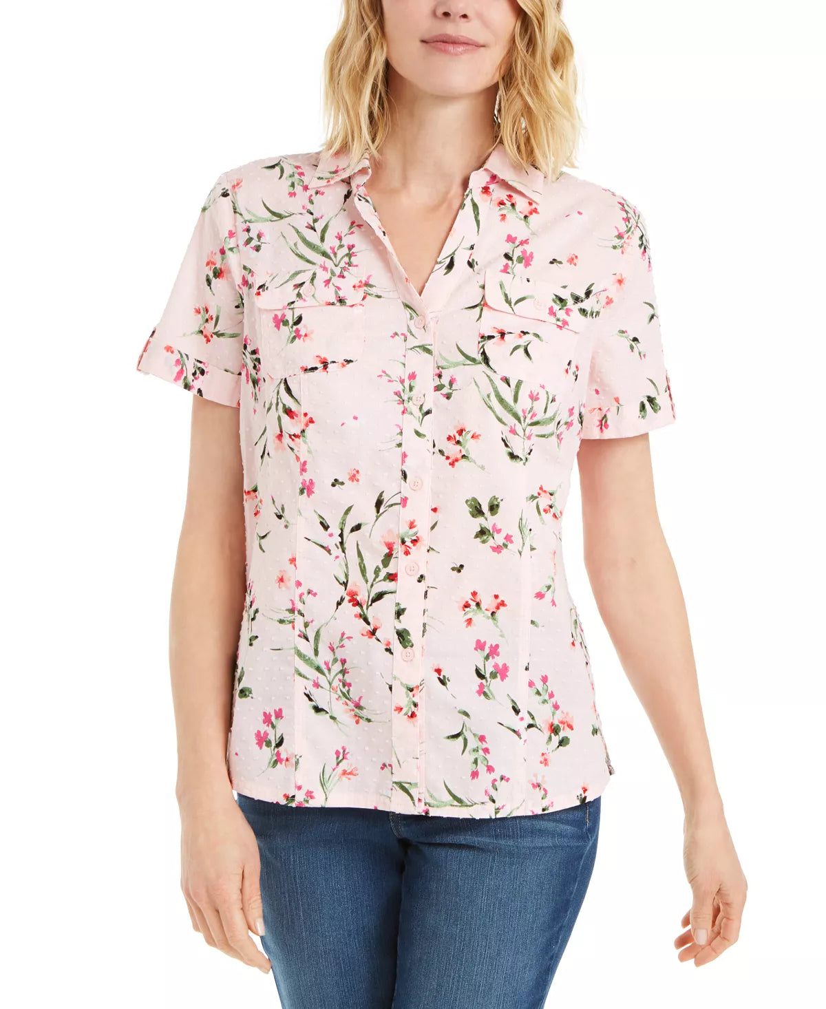 Karen Scott Women's Plus Size Print Cotton Shirt Color Pink Floral Size 1X