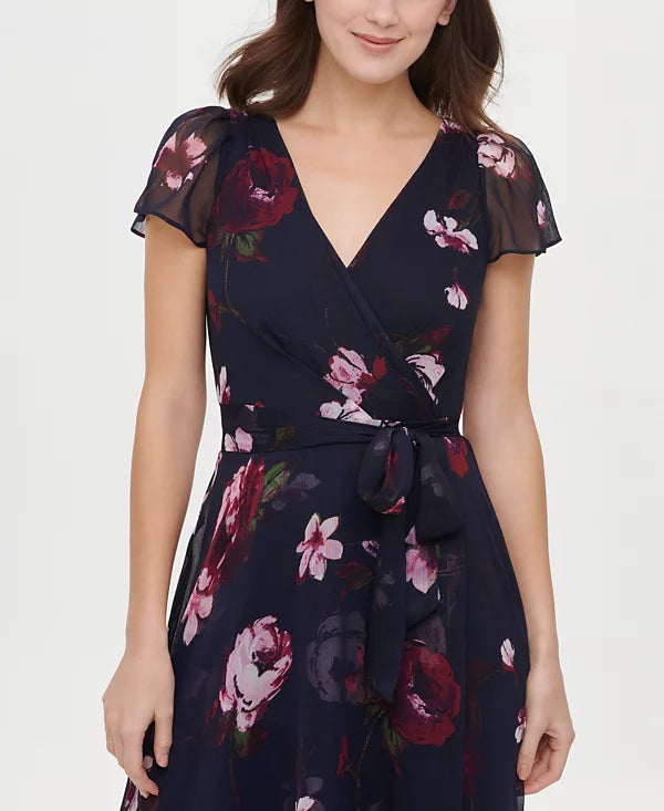 DKNY Floral-Print Faux-Wrap Dress Color Navy Multi Size 10