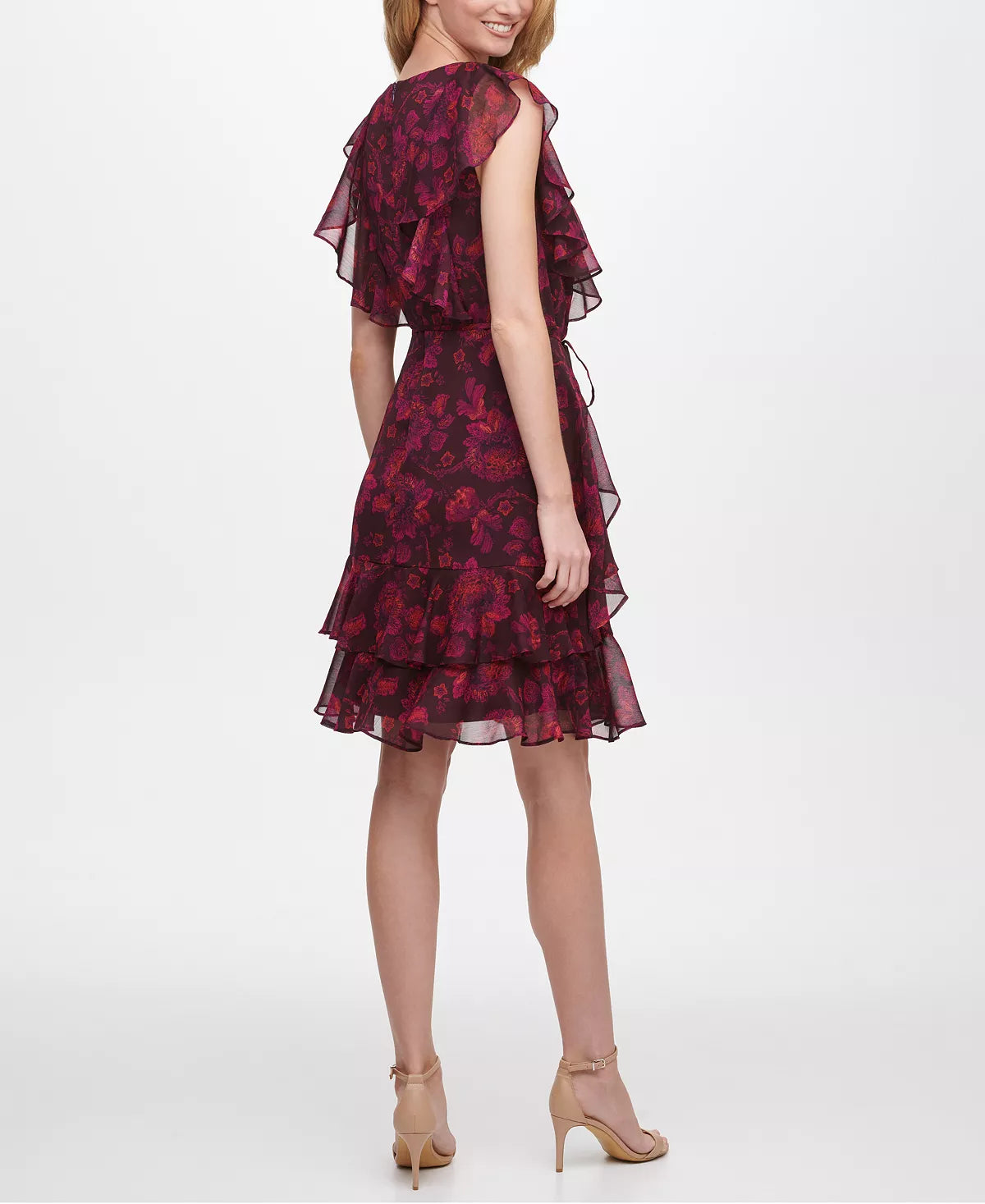 Tommy Hilfiger Women's Rose-Print Flutter-Sleeve Dress Color Aubergine Multi Size 16