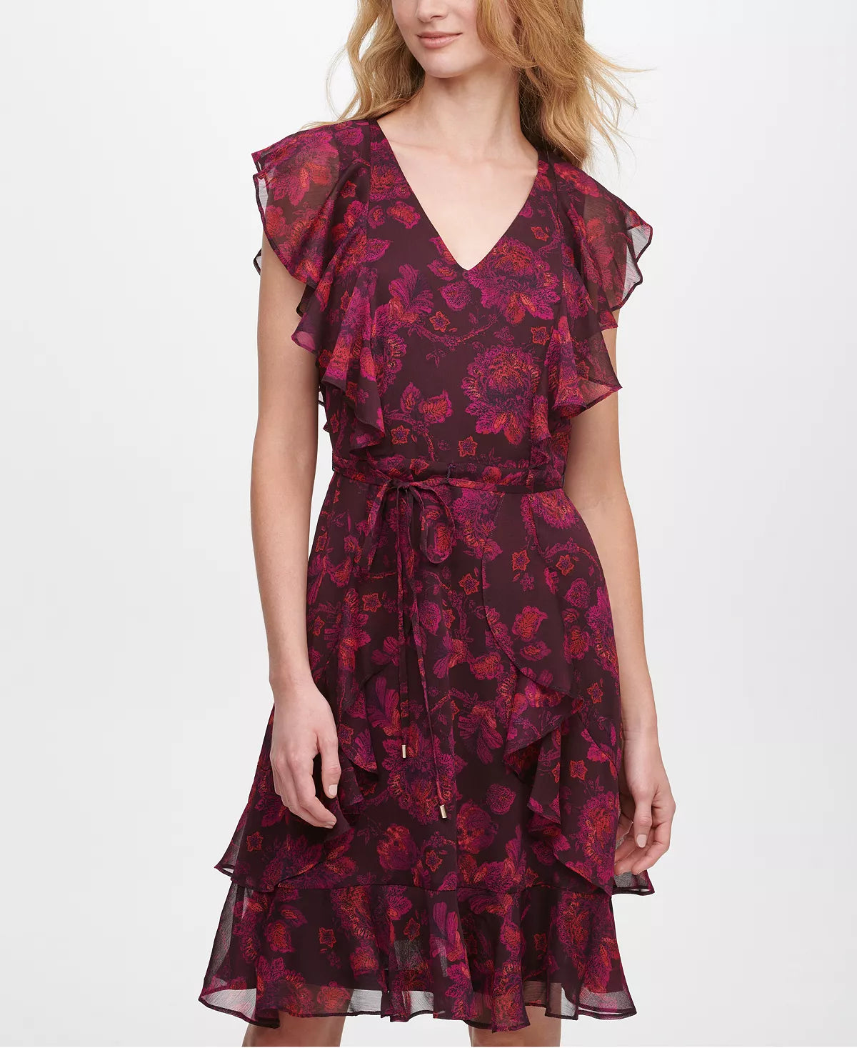 Tommy Hilfiger Women's Rose-Print Flutter-Sleeve Dress Color Aubergine Multi Size 16