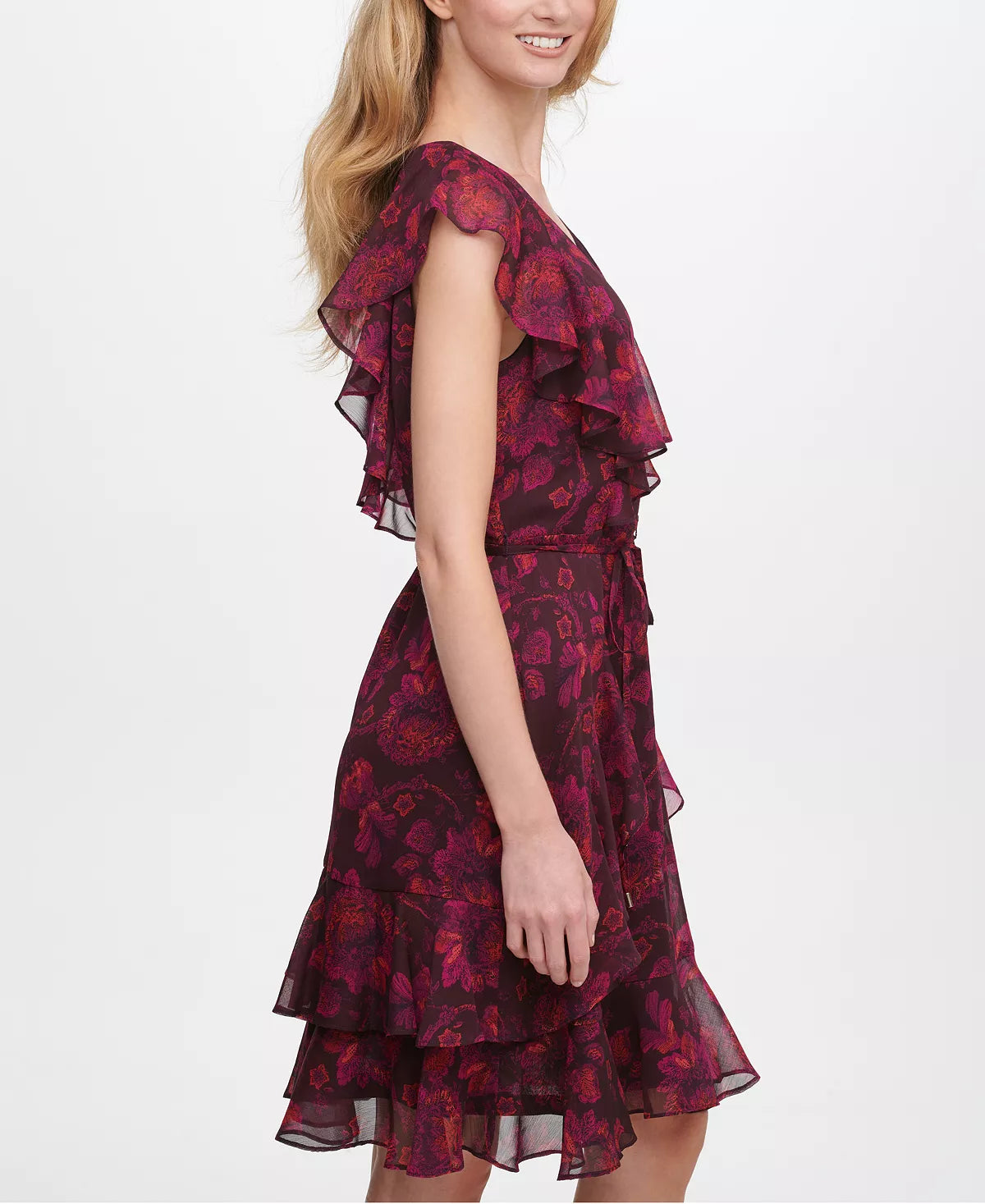 Tommy Hilfiger Women's Rose-Print Flutter-Sleeve Dress Color Aubergine Multi Size 16