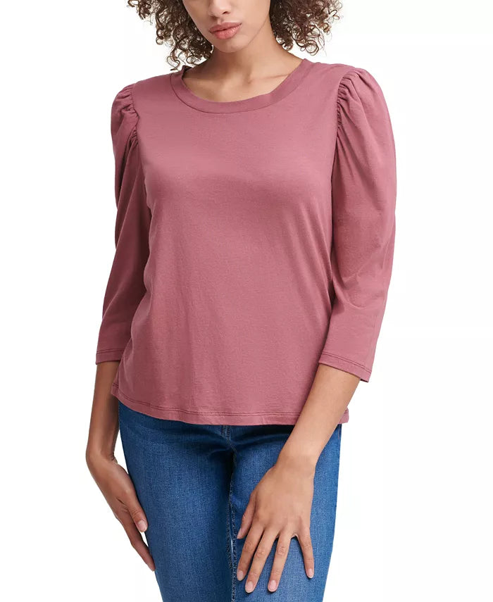Calvin Klein Jeans Women's Puff-Sleeve Scoop-Neck Top Color Sedona Size XL