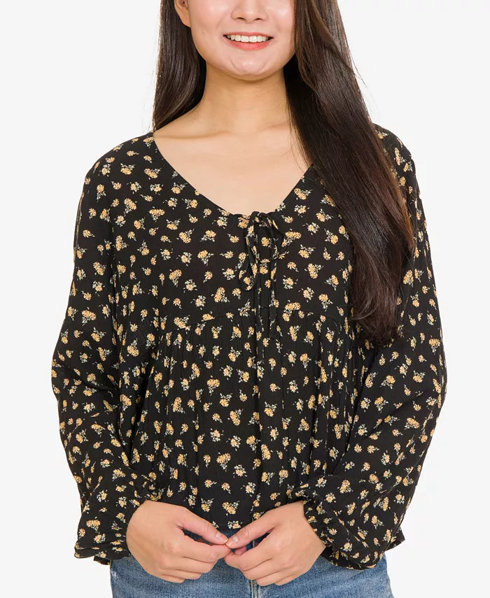 Hippie Rose Juniors Printed Tie-Front Blouse Color Black Floral Size S