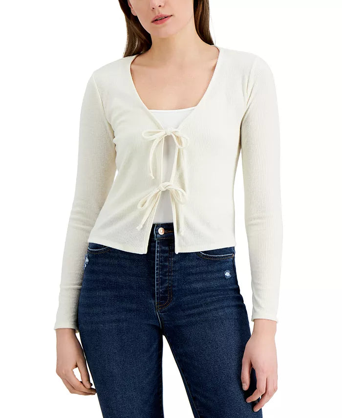 Self Esteem Juniors Knit Brushed-Rib Double-Tie Cardigan Color Ivory Size M