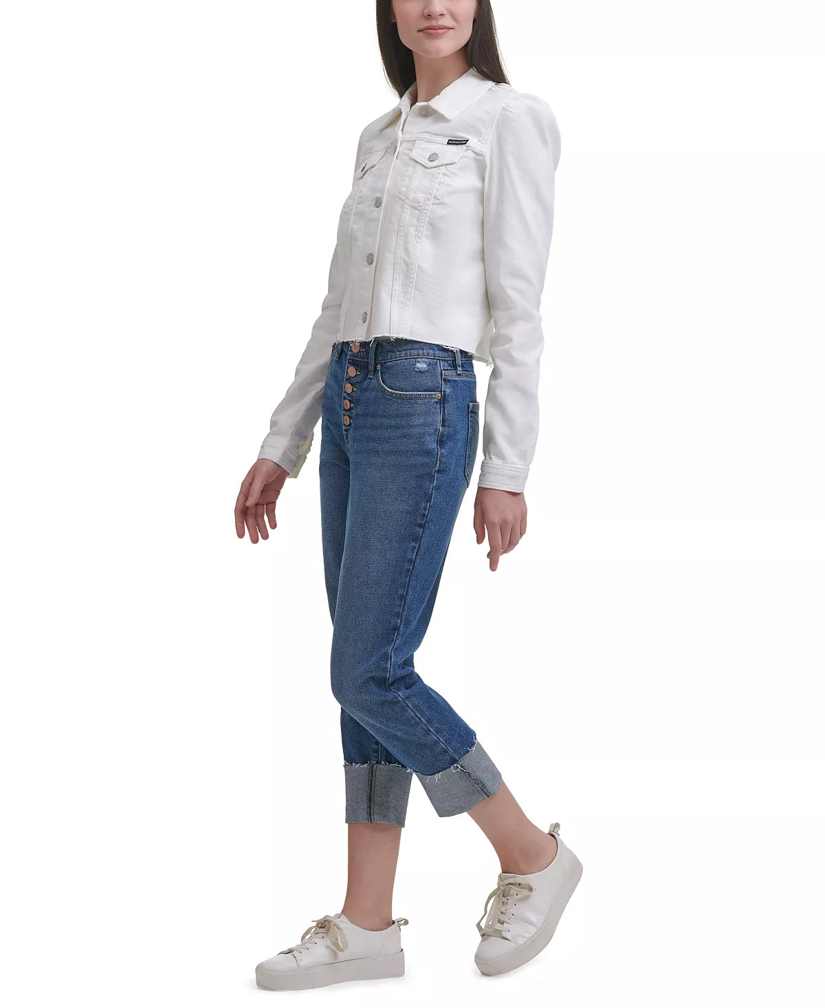 Calvin Klein Jeans Women's Puff Sleeve Crop Raw Hem Denim Jacket Color White Size M