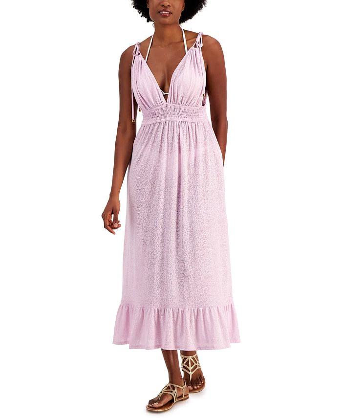 Miken Womens Smocked Midi Dress Cover-Up Color Orchid Bouquet Size S