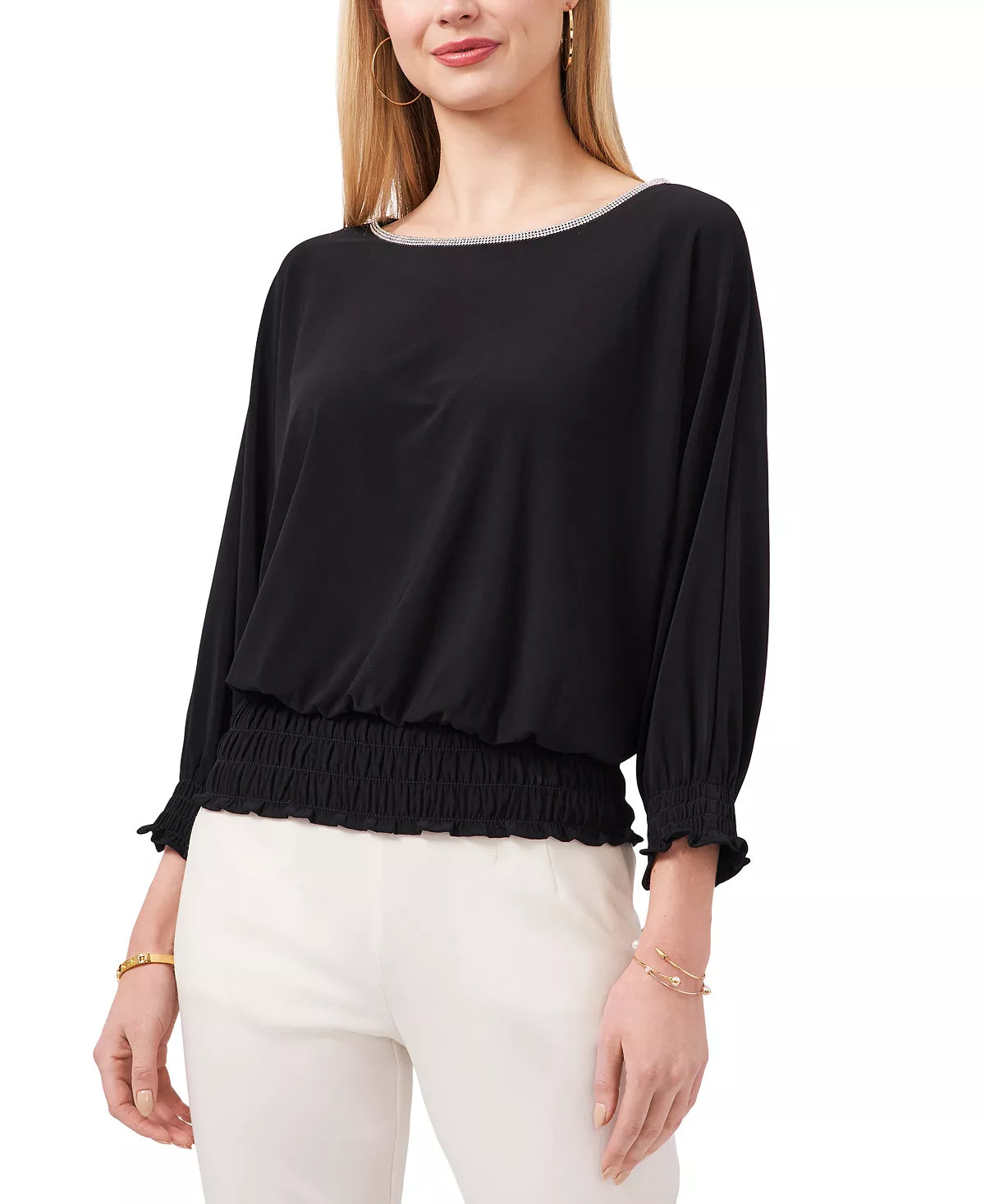 MSK Women's Metallic-Trim Smocked Top Color Black Size XL