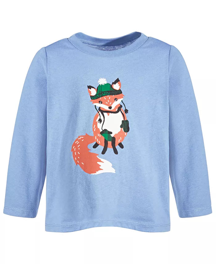 First Impressions Boys Bundled Up Fox Long-Sleeve Cotton T-Shirt Color Washed Blue Size 18 months