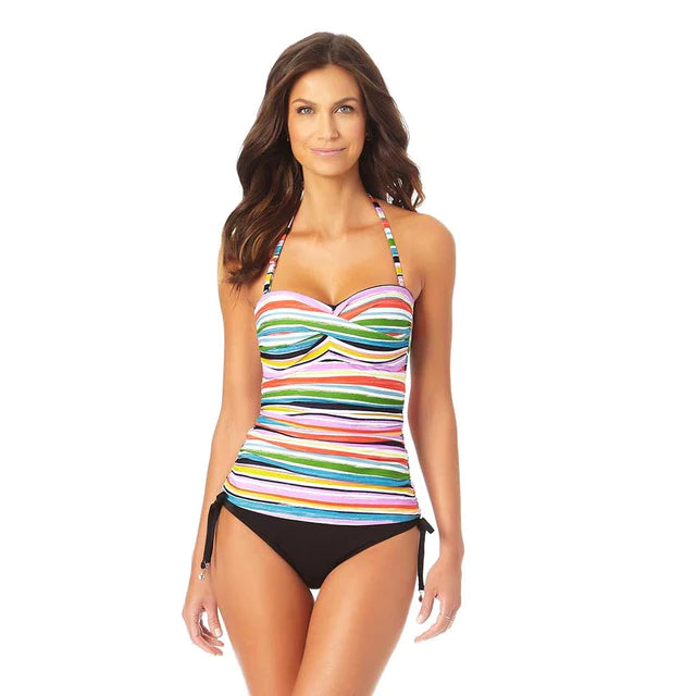 Anne Cole Painted-Striped Twist-Front Shirred Tankini Top Color Painted Sky Multi Stripe Size XS