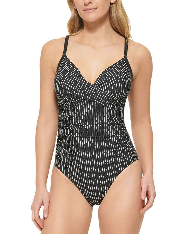 Calvin Klein Womens Twist-Front Tummy-Control One Piece Swimsuit Color Black Morse Stripe Size 6