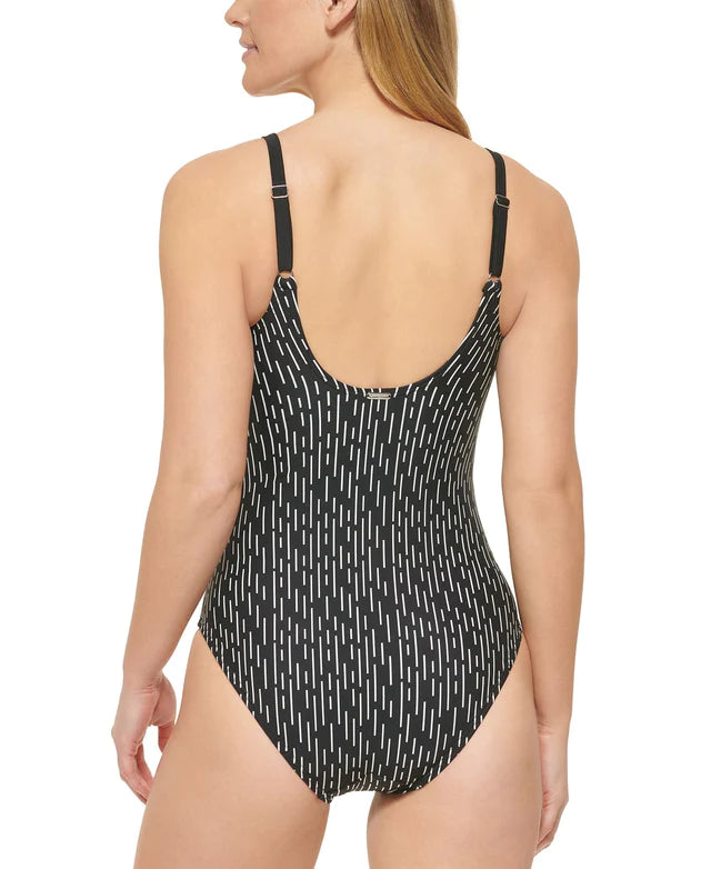 Calvin Klein Womens Twist-Front Tummy-Control One Piece Swimsuit Color Black Morse Stripe Size 6