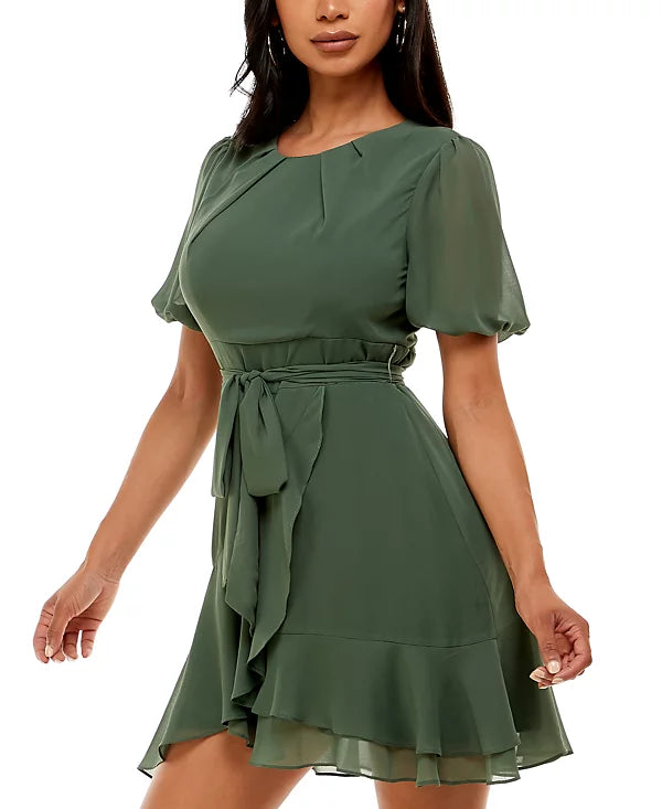 B Darlin Juniors Puff-Sleeve A-Line Dress Color Olive Size 7/8