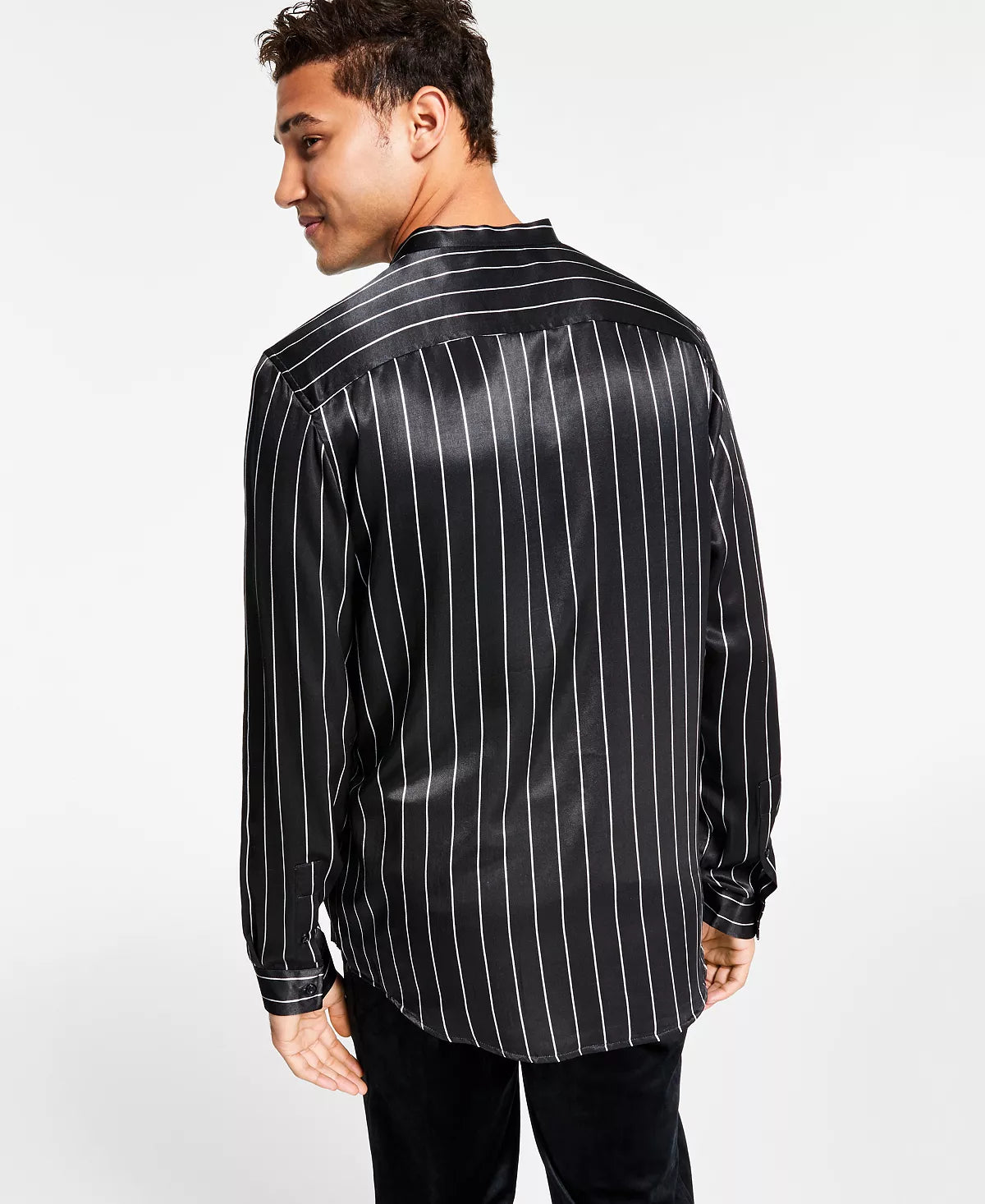 INC International Concepts Men's Striped Band-Collar Shirt Color Black Silver Size 2XL