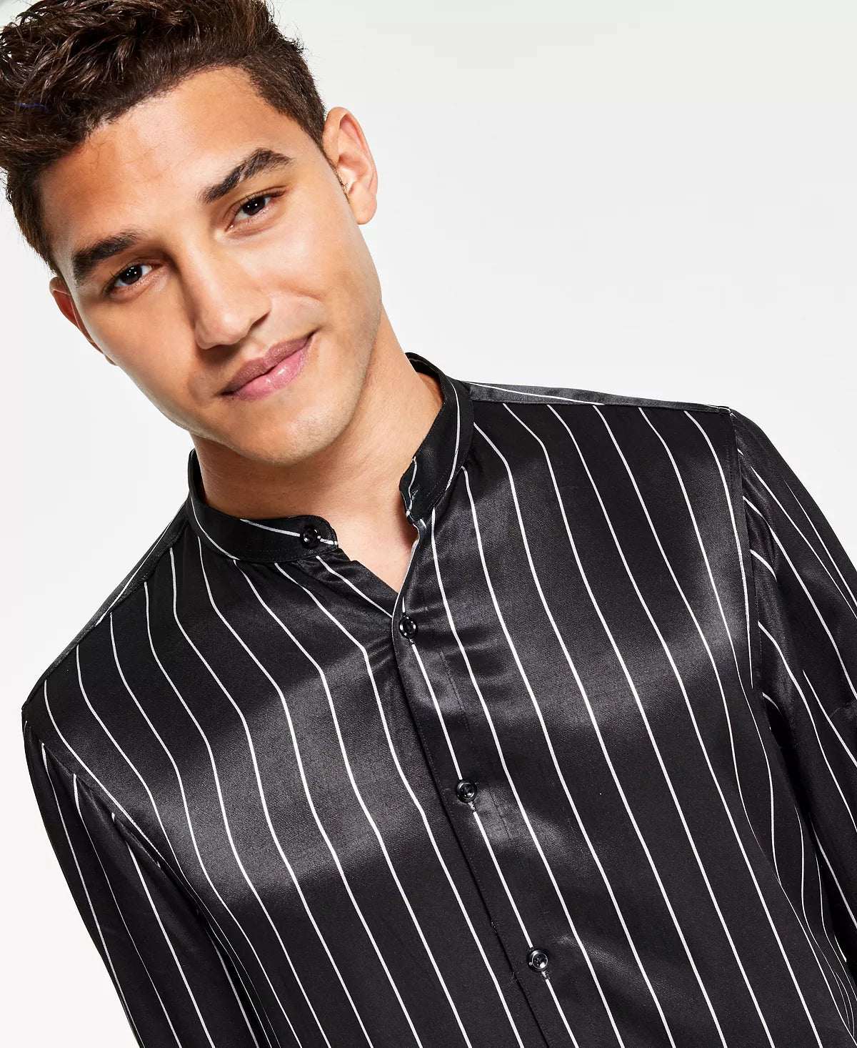 INC International Concepts Men's Striped Band-Collar Shirt Color Black Silver Size 2XL