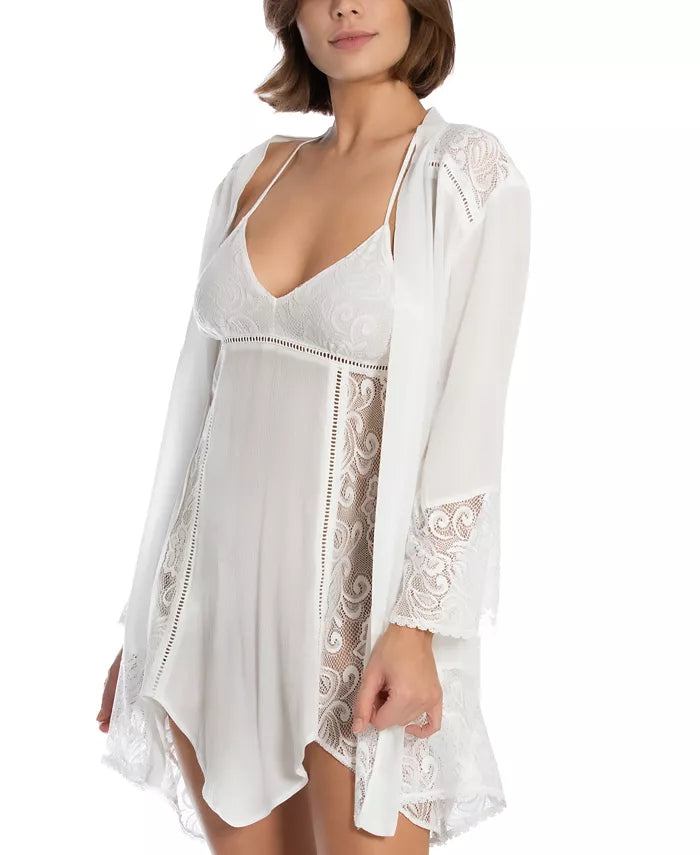 Linea Donatella Flower Child Sheer Lace-Trim Kimono Robe Lingerie Winter White Size S/M