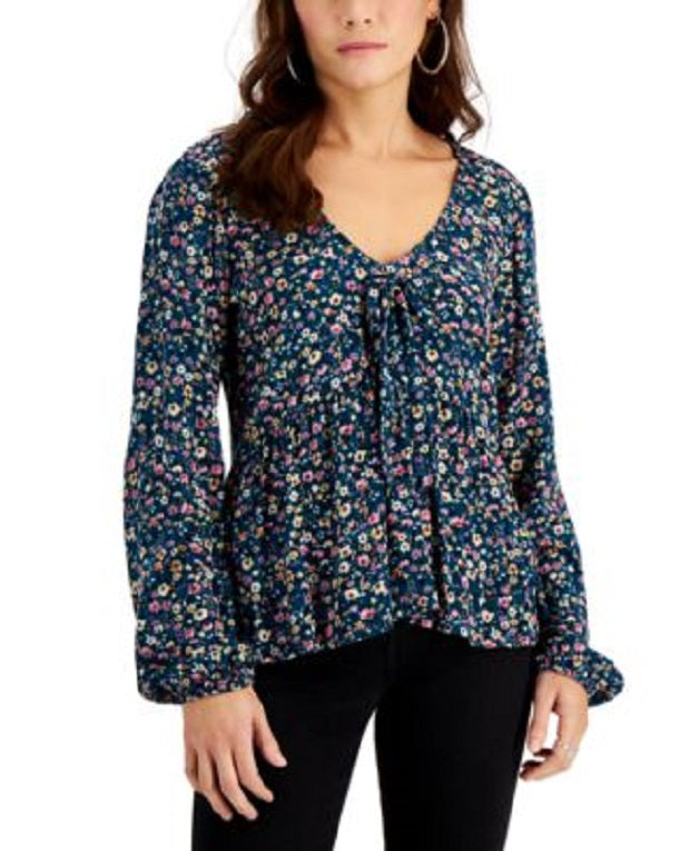 Kingston Grey Juniors Printed Balloon-Sleeve Blouse Color Teal Size XS Style RAFD5086KG