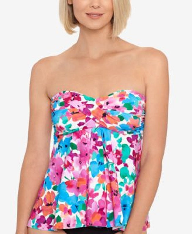 Swim Solutions Twisted Bandeau Tankini Top Color Primavera Floral Pink Size 12