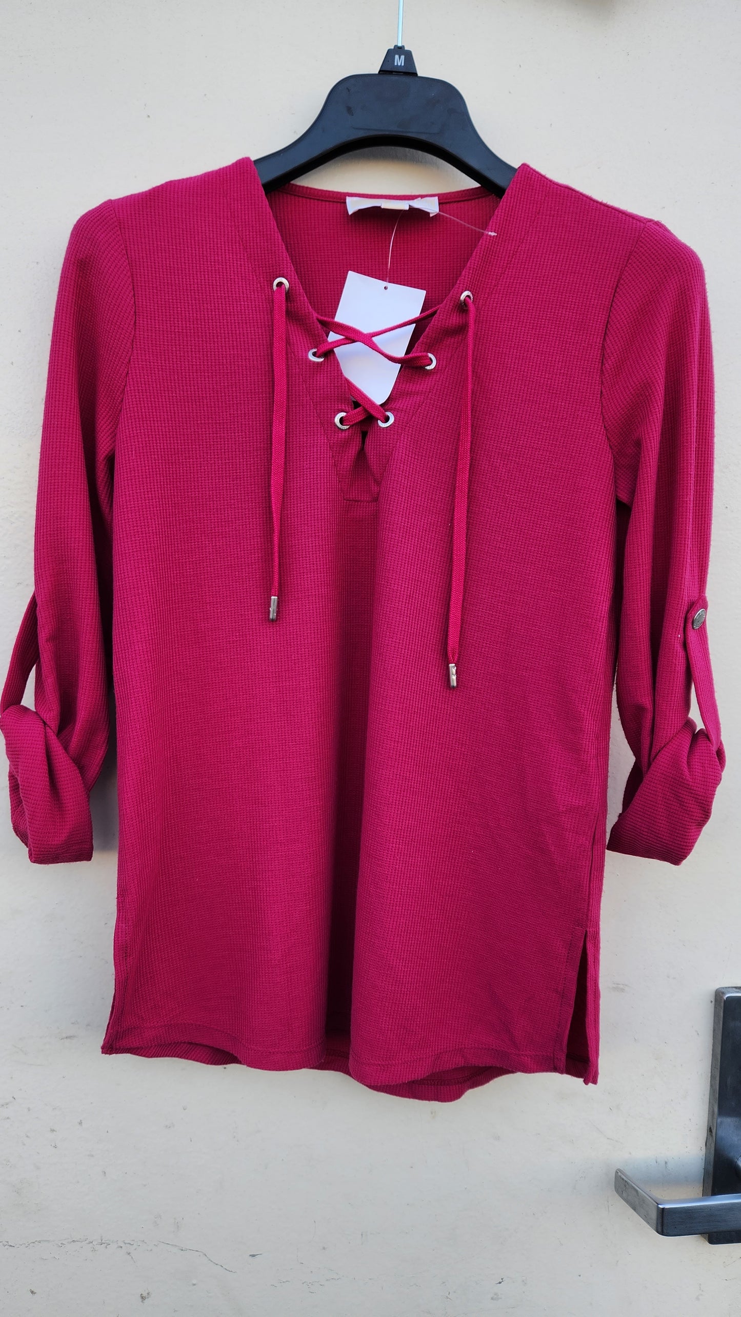Michael Kors Women's V-Neck Drawstring Long Sleeve Top Color Hot Pink Size P/XS