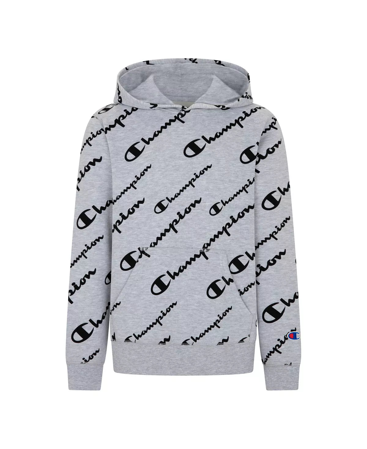 CHAMPION Boys All Over Print Solid Multi Script French Terry Hoodie Color Oxford Heather/Black Size XL