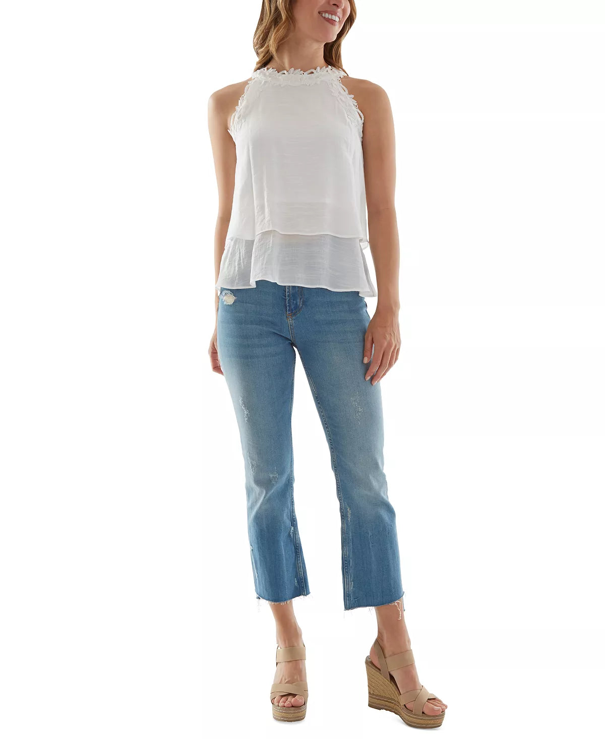 BCX Juniors' Crochet-Trim Layered-Hem Top Color Off White Size L