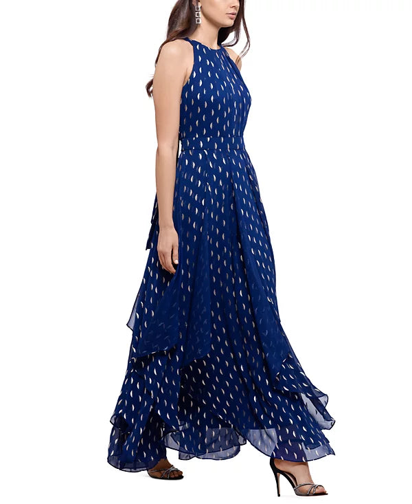 Betsy & Adam Women's Printed Halter Gown Color Navy/Copper Size 12