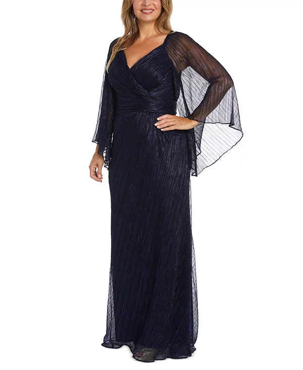 Nightway Sweetheart-Neck Draped-Illusion-Sleeve Gown Color Navy Size 4