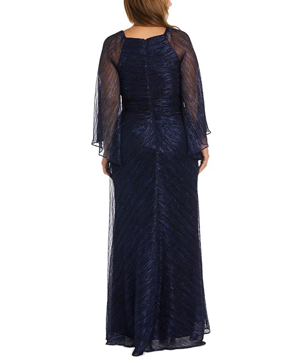 Nightway Sweetheart-Neck Draped-Illusion-Sleeve Gown Color Navy Size 4